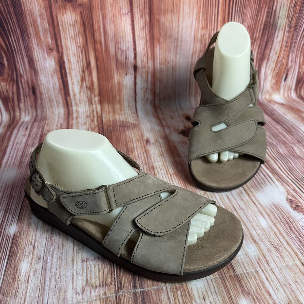 SAS Size 10.5 Wide HUGGY Beige Criss Cross Suede Slingback Sandal Open Toe Shoes